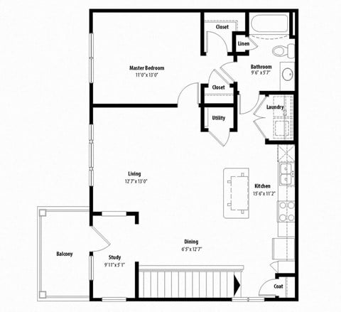 Floor plan for 1 bed, 1 bath, 909 sqft
